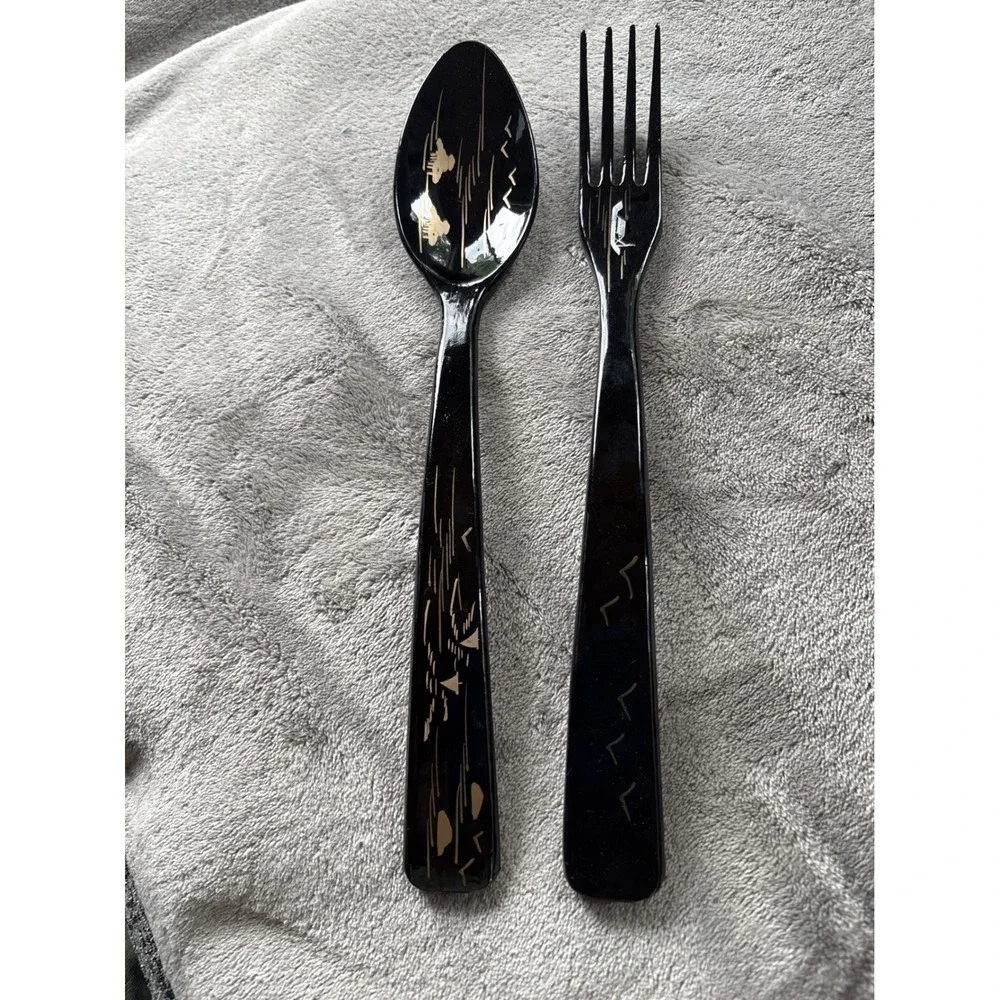 Vintage Japanese‎ Black Lacquerware Salad Serving Spoon Fork Set Nautical Gold